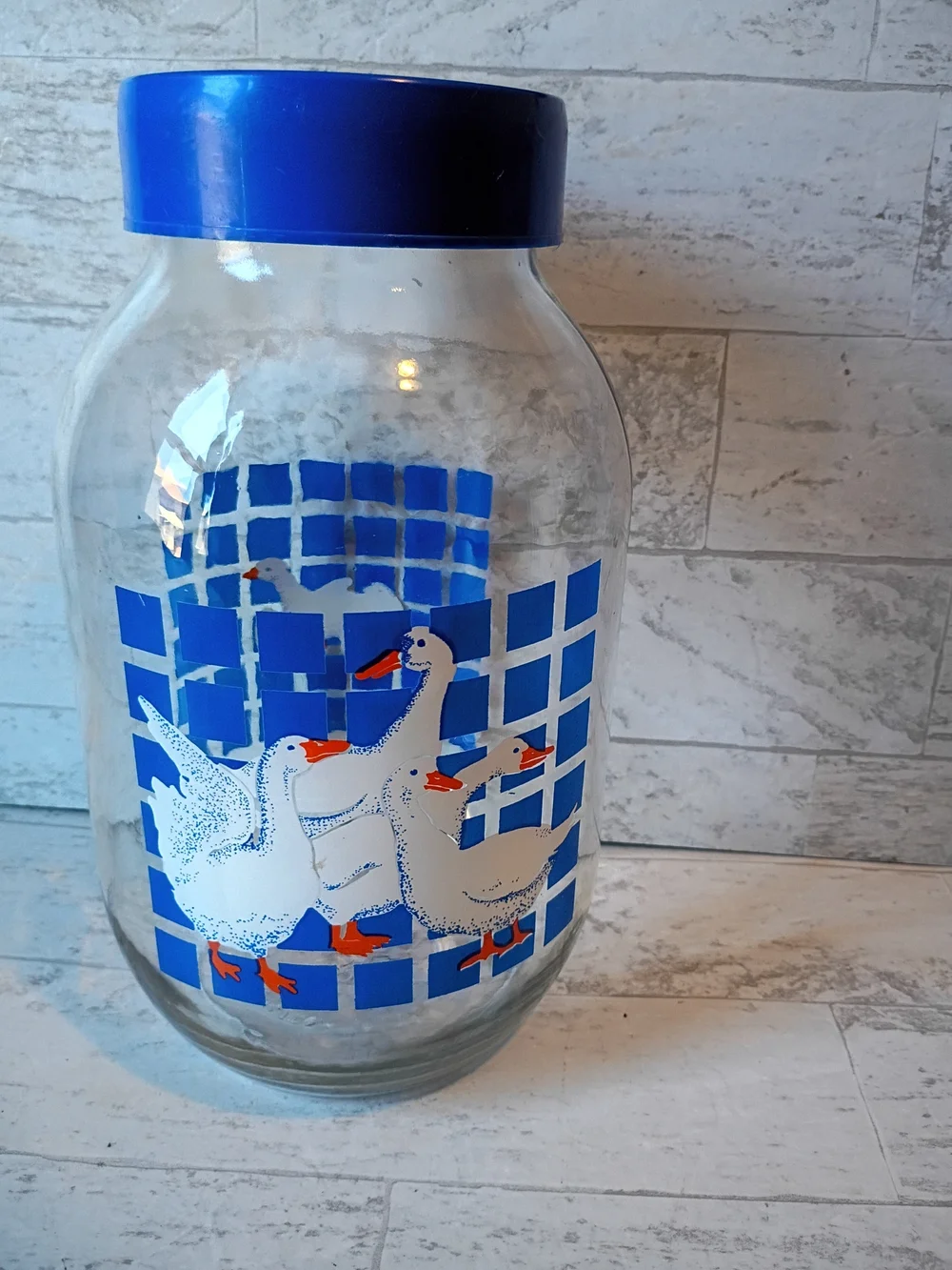 Vintage Country Geese Glass Jar with Blue Lid Carlton Glass Cottagecore- 3L